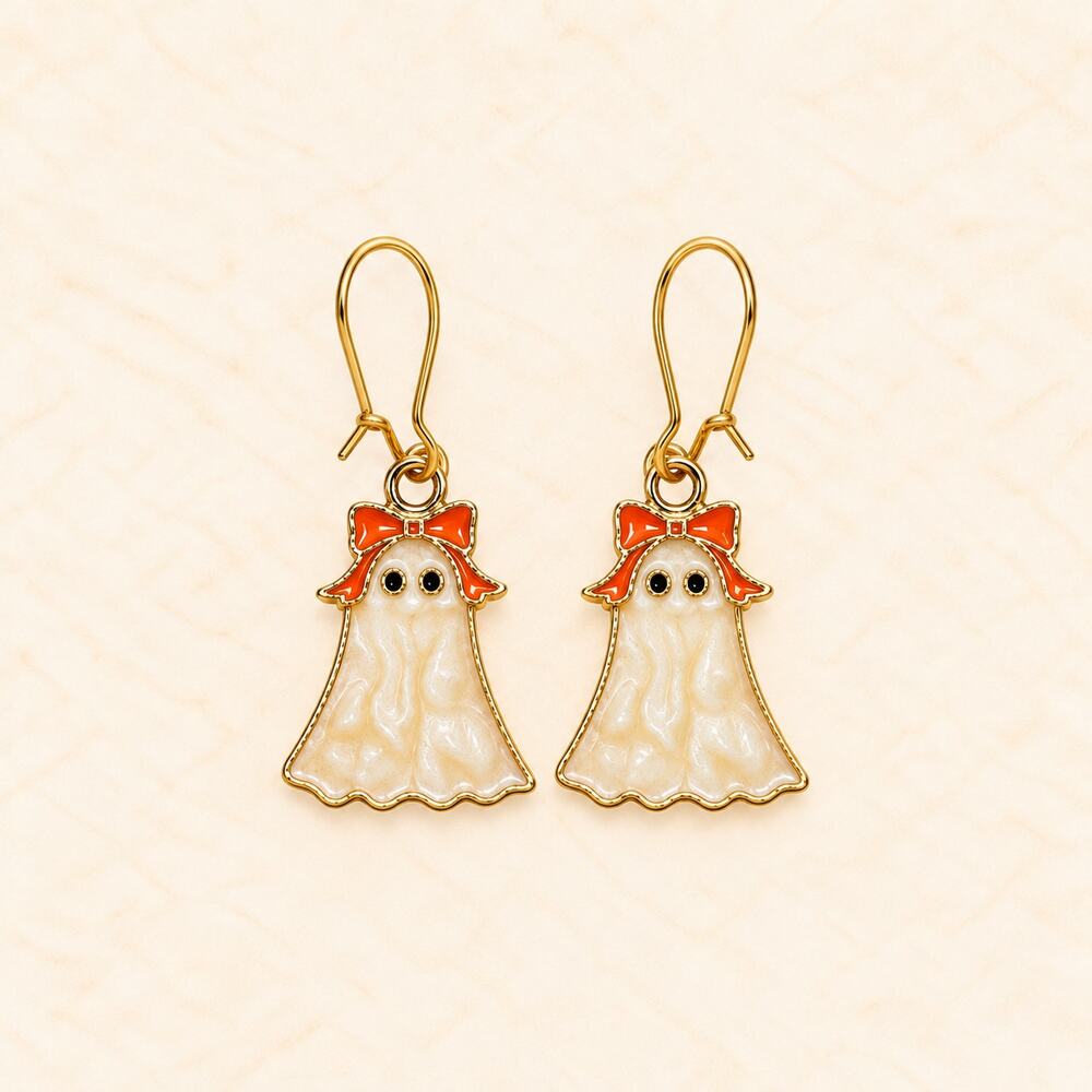 Halloween Ghost Earrings Orange Ivory Enamel Gold Tone Dangle  E533